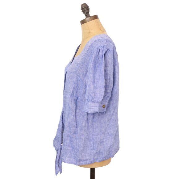TALBOTS Plus Linen Tie Waist Top X (0X) Cross Dye Blue Button Up Blouse NWT B68 - Picture 5 of 6